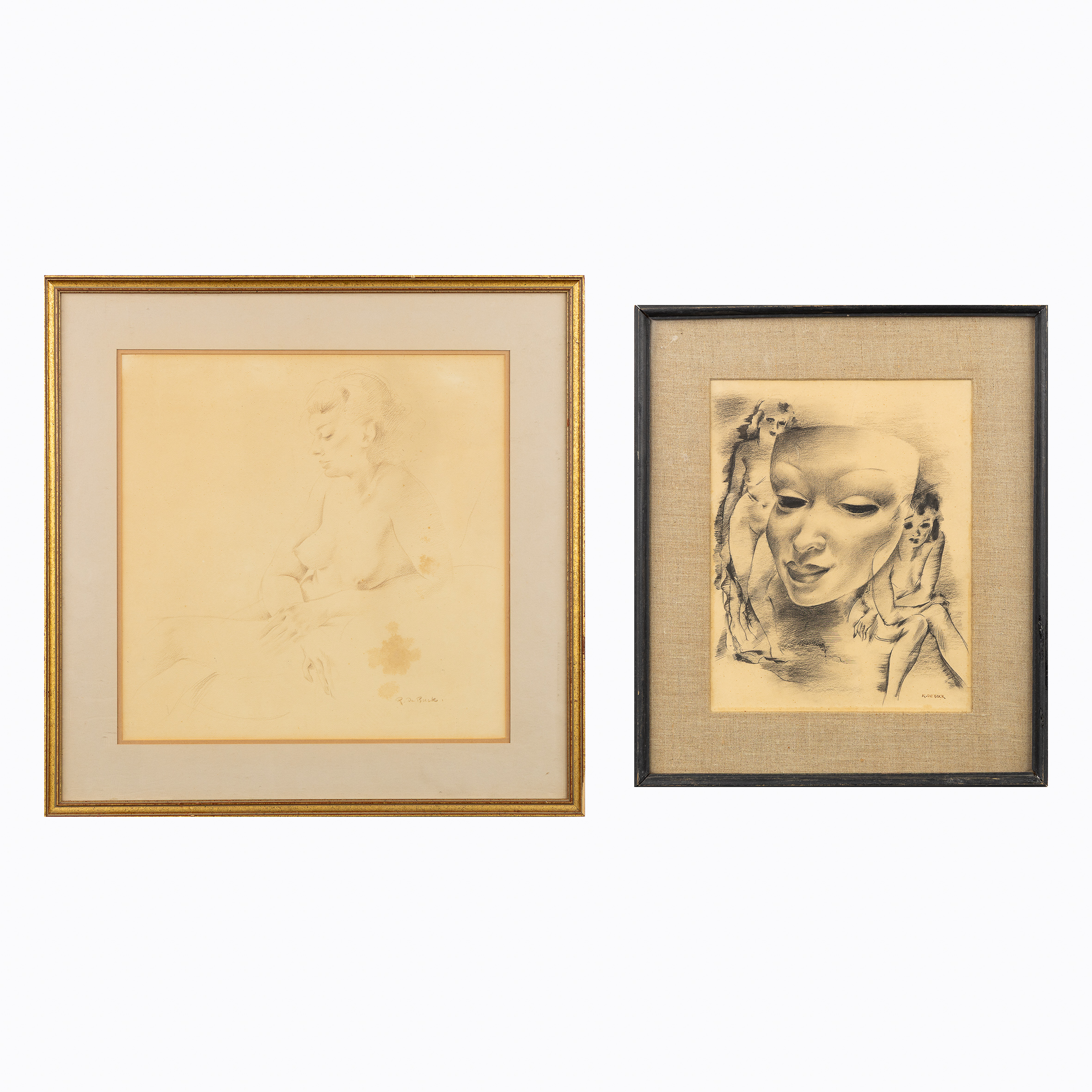 Raphael De Buck (1902–1968) 'Seated Nude' & 'Nudes with a Mask' pencil on paper. (L:35 x H:35 cm)